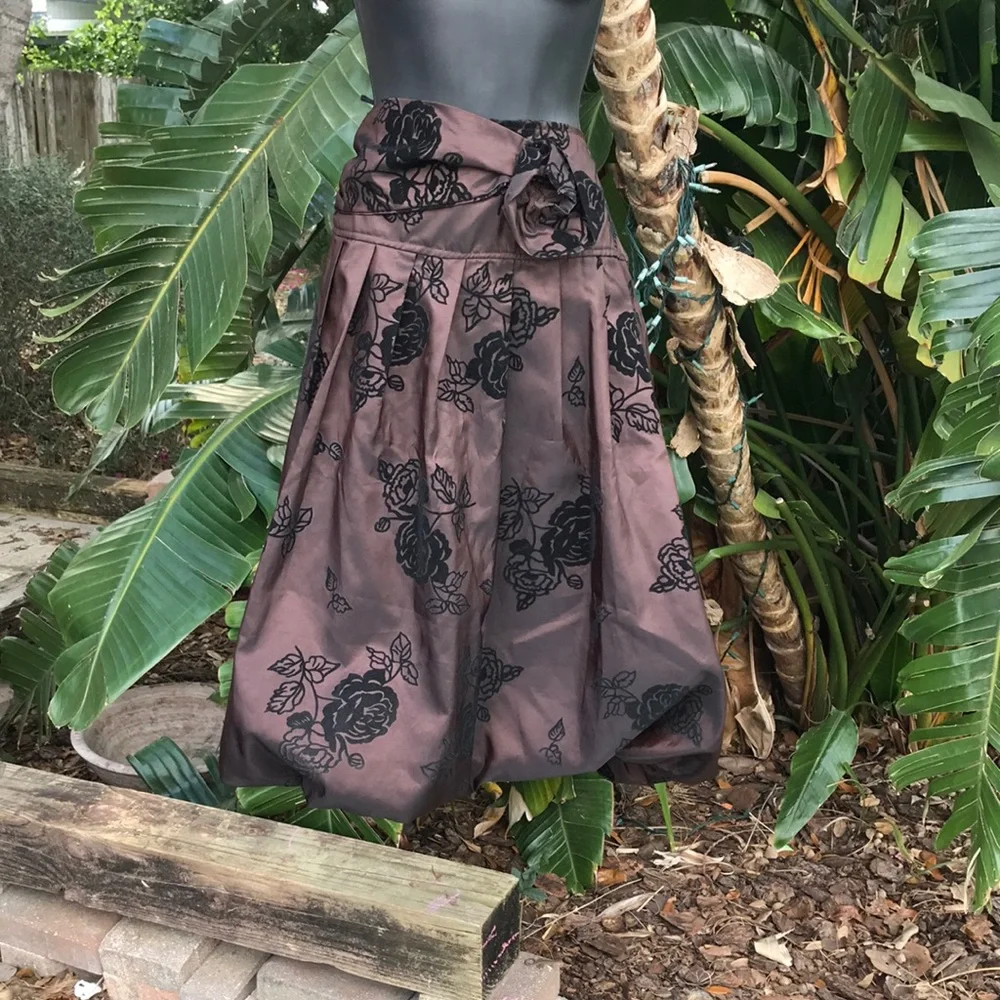 Metallic bronze dark floral bubble skirt with velvet rosette